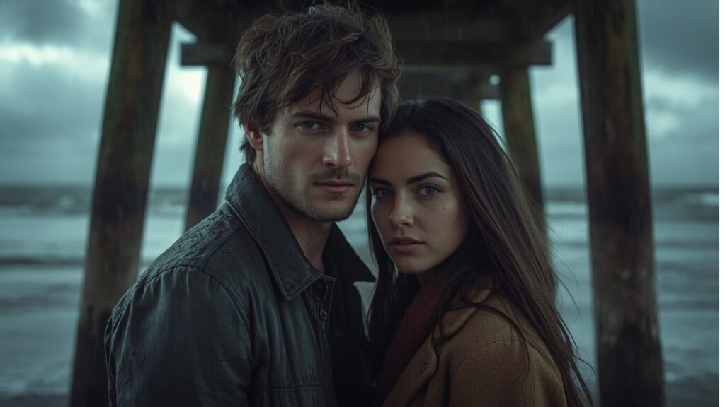 A romantic couple standing on a stormy Irish beach near a wooden pier